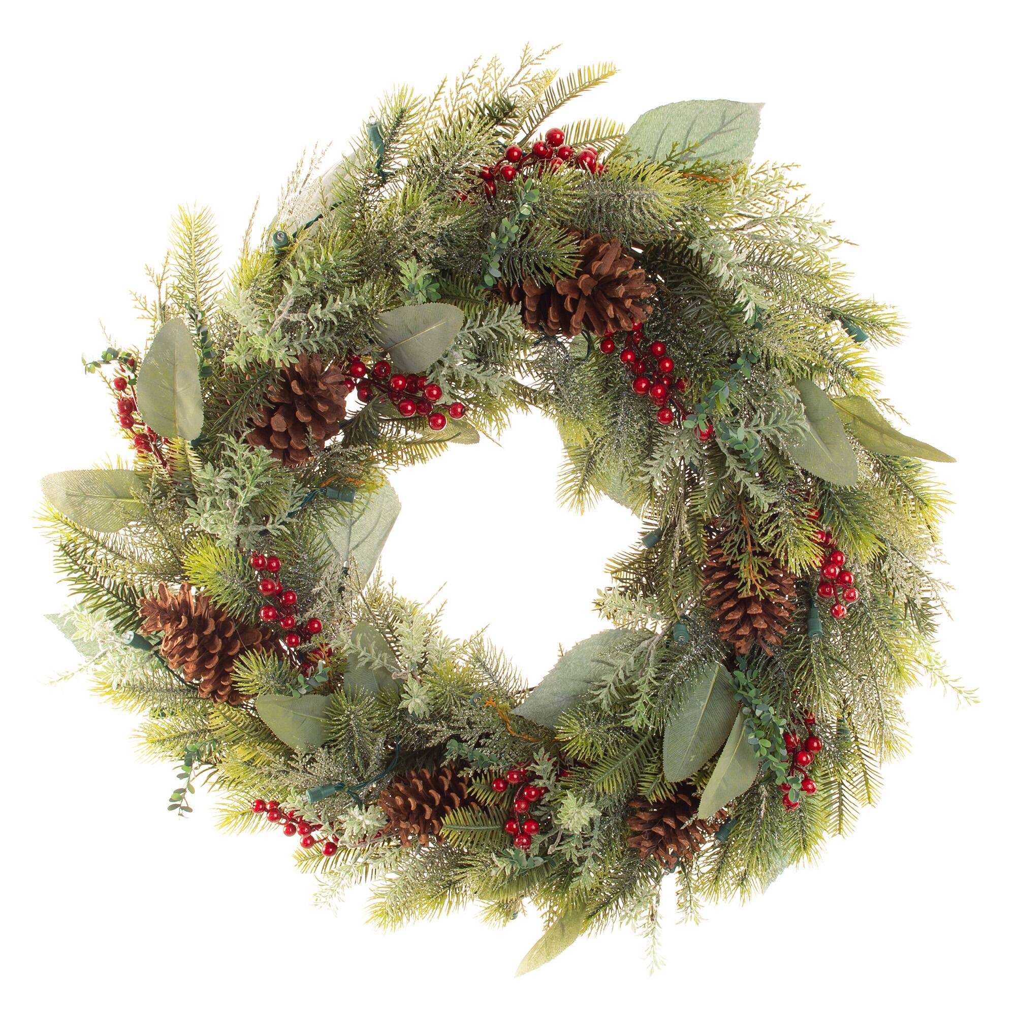 Village Lighting 30" Pre-Lit Winter Frost Christmas Wreath, Clear LED Lights